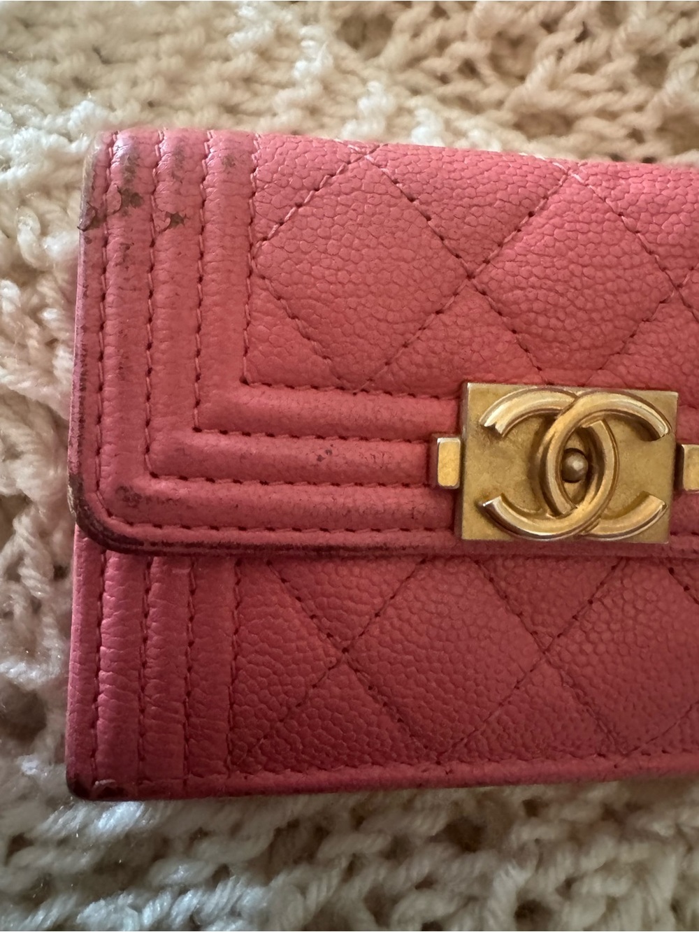 Authentic Chanel Boy Pink Caviar Leather Trifold Wallet Aged Gold Hardware - Picture 5 of 16